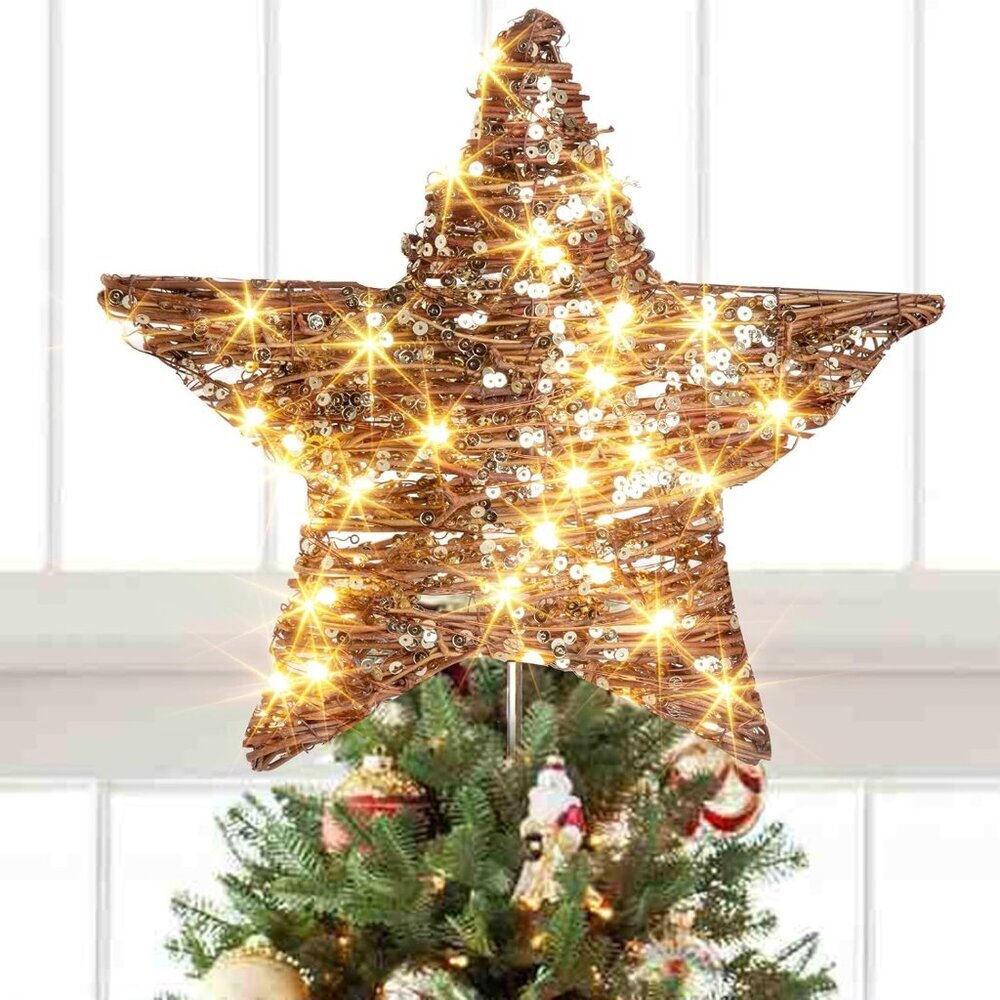 13.37” 40 LED Christmas Rattan Tree Topper, Indoor Rustic Natural Star Treetop